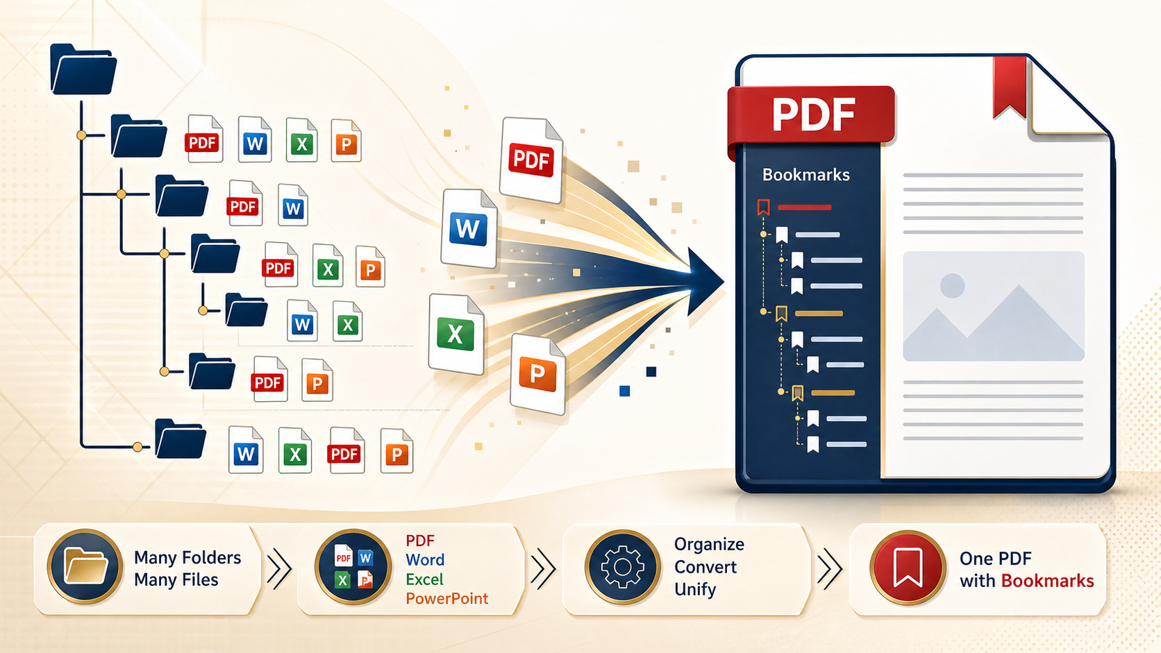 フォルダ内のPDF、Word、Excel、PowerPointを一冊のしおり付きPDFにまとめる流れ