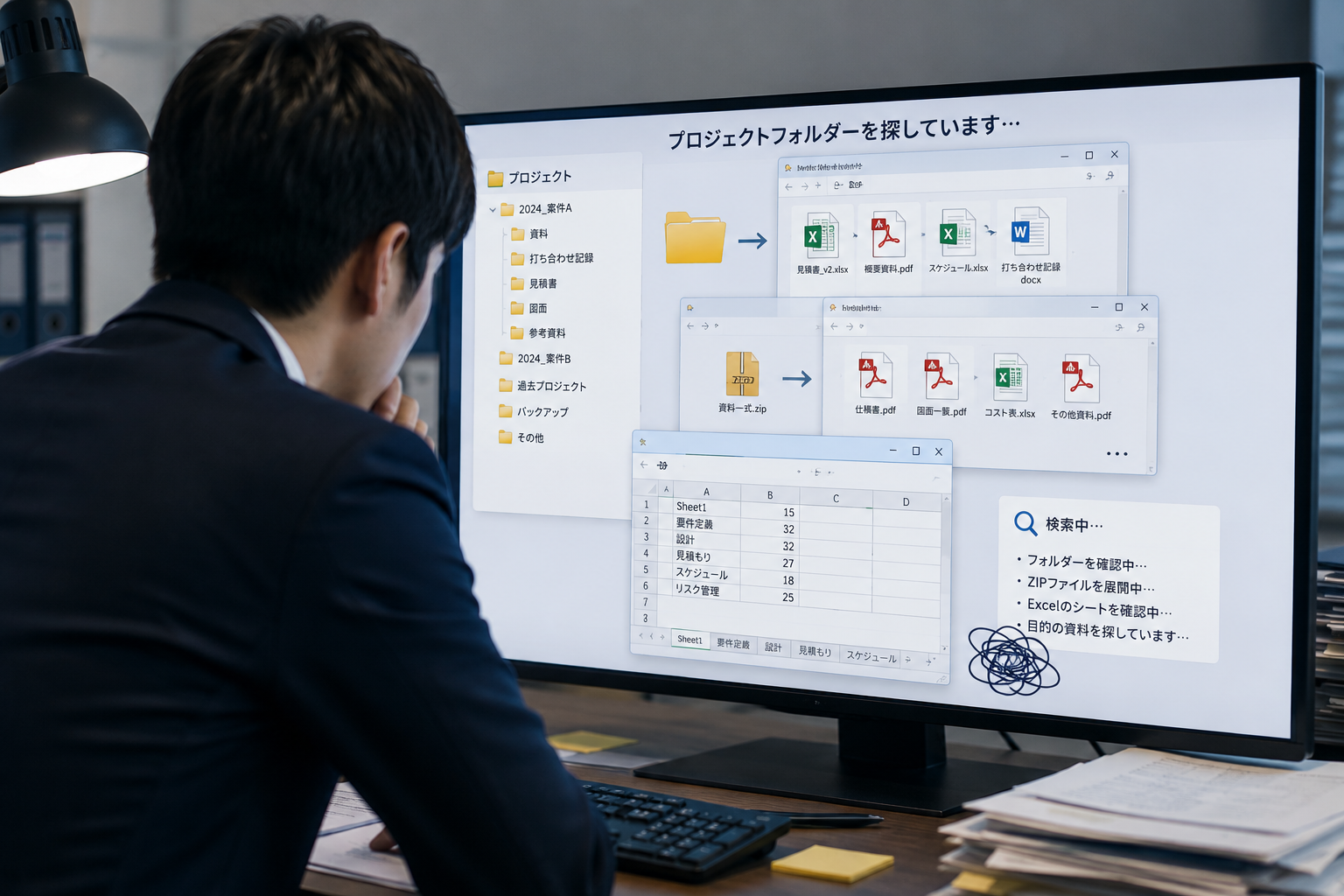 プロジェクトフォルダー内の資料、ZIP、Excelシートを探している様子