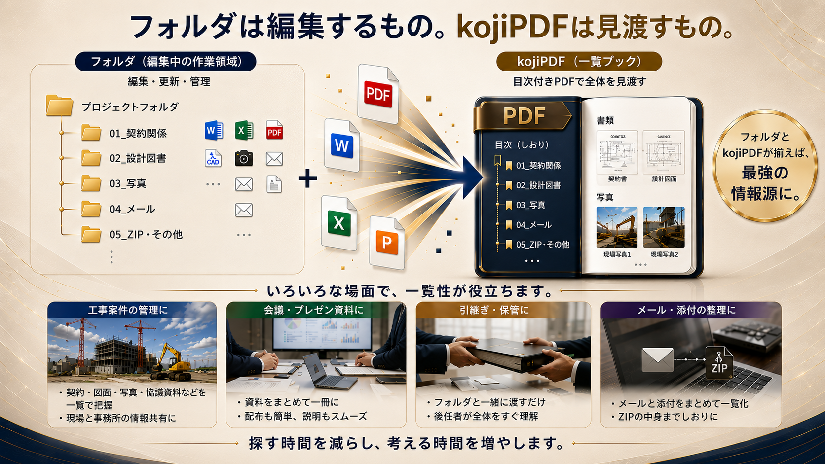 フォルダは編集するもの、KojiPDFは見渡すものという考え方と活用場面を示す図