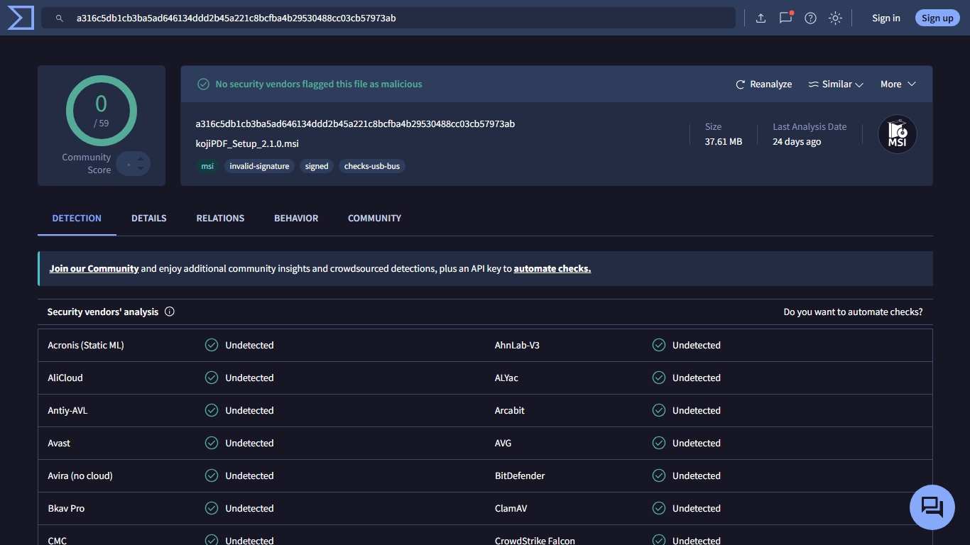 VirusTotal scan result for kojiPDF_Setup_2.1.0.msi showing no security vendors flagged the file as malicious