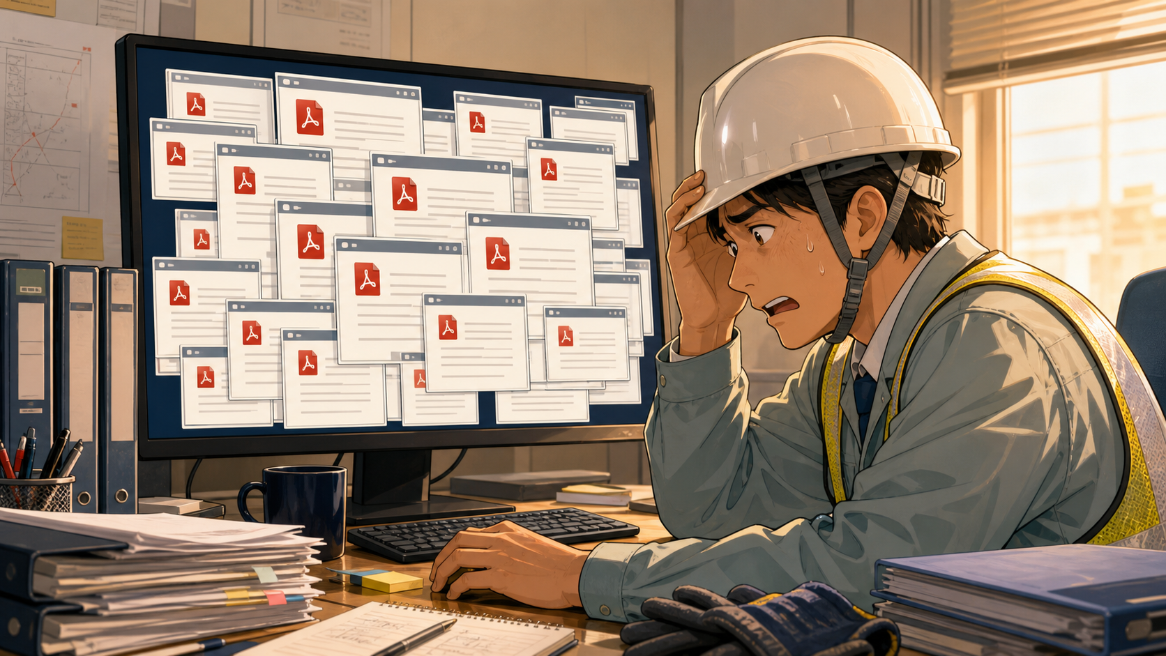 A stressed construction worker facing many open PDF files on a computer screen