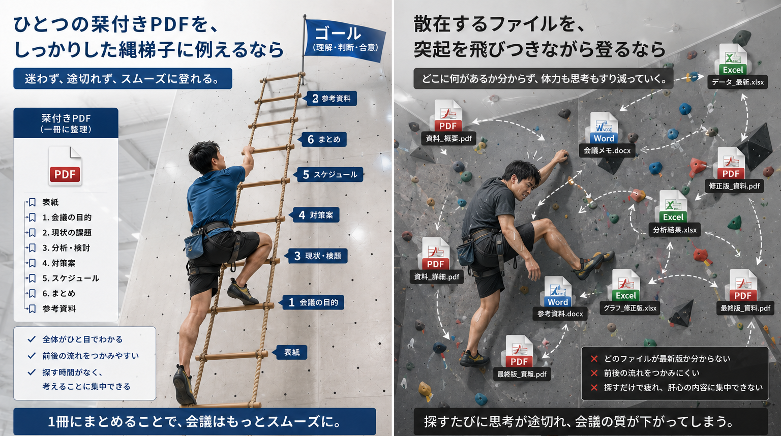 ペーパレス会議資料をしおり付きPDFにまとめるイメージ